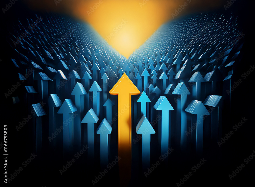 Fototapeta premium A single gold arrow points upward, leading a multitude of blue arrows toward a bright light. It symbolizes leadership, standing out, and achieving success.