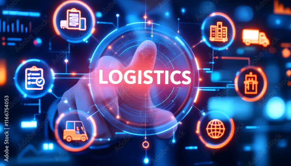 Logistics Concept, Hand Touching Digital Logistics Interface, Supply Chain Management, Digital Logistics Network and Icons, Global Logistics and Transportation, Digital Interface and World Map Logistics Concept, Hand Touching Digital Logistics Interface, Supply Chain Management, Digital Logistics Network and Icons, Global Logistics and Transportation, Digital Interface and World Map