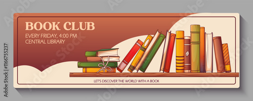 Horizontal banner background. Vector illustration of standing books, stack of books on bookshelf. Book lover, bookstore, library concept. Book club.