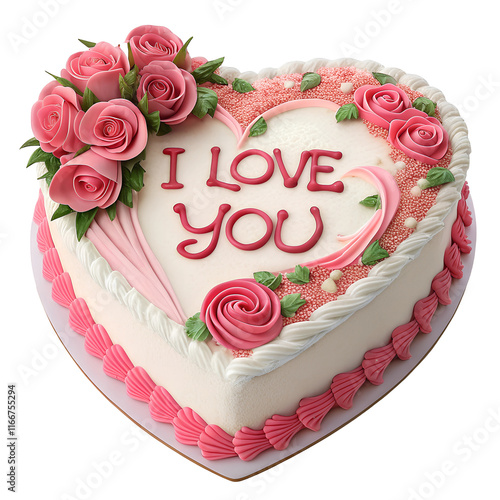  Cake- text in I LOVE  YOU with pink roses for valentine's day gift and celebration on white background PNG transparent  photo