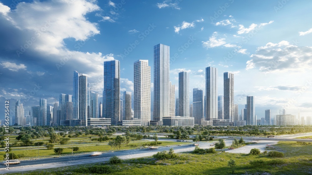 Obraz premium Modern Metropolis Skyline: A Panoramic View of a Futuristic Cityscape
