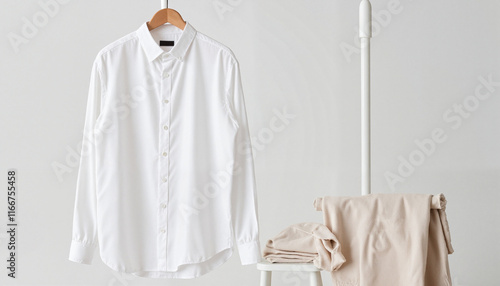 Minimalist white button-up shirt on hanger, stylish wardrobe concept photo