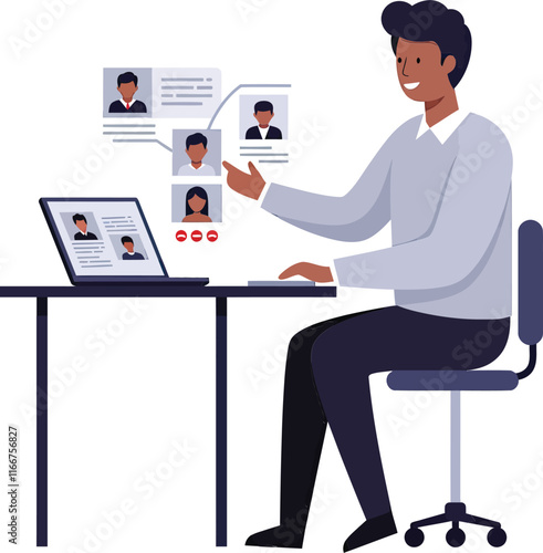 Vector icon of a man sitting at a desk with a laptop. Businessman with computer, manager, and laptop. Cartoon character.