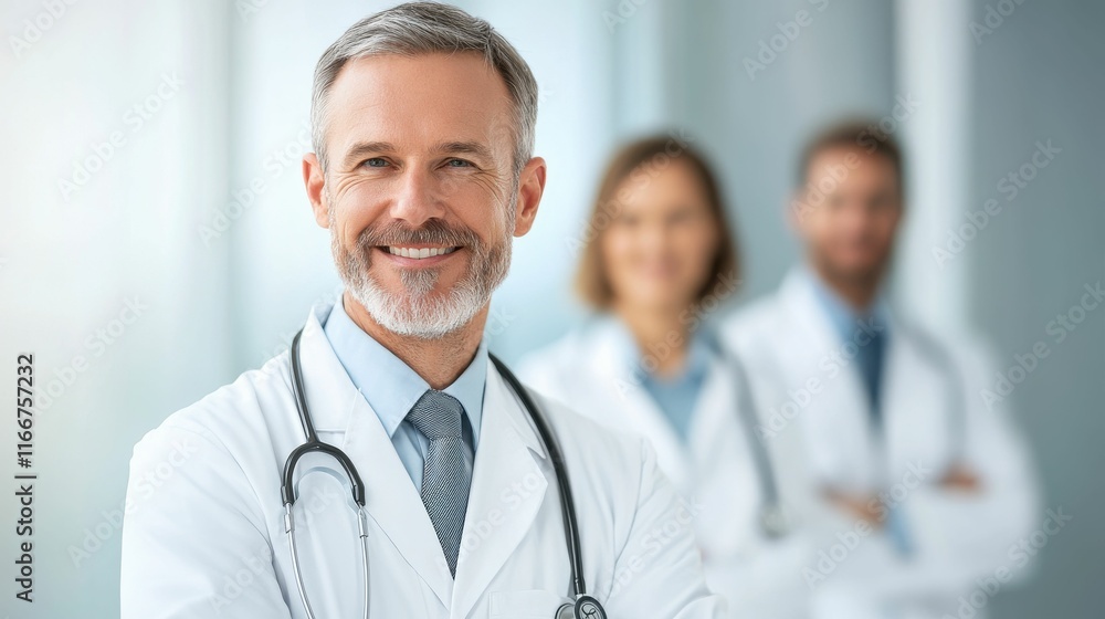 Fototapeta premium Three doctors are posing for a photo in a white lab coat