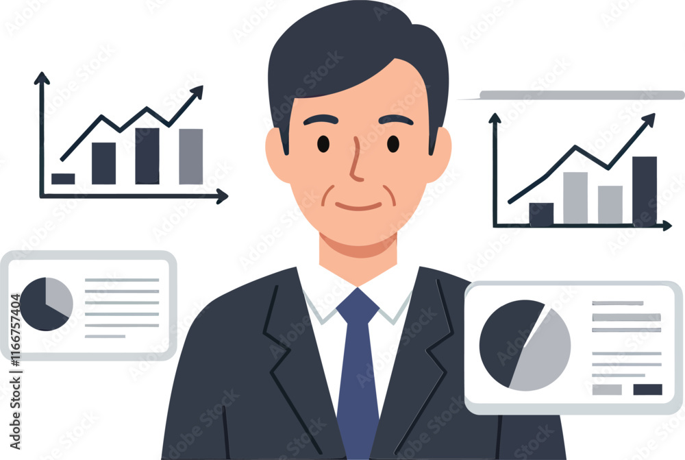 Vector Icon of a Man in a Suit With a Chart and Graphs. Vector Icon of a Man in a Suit With a Chart and Graphs.