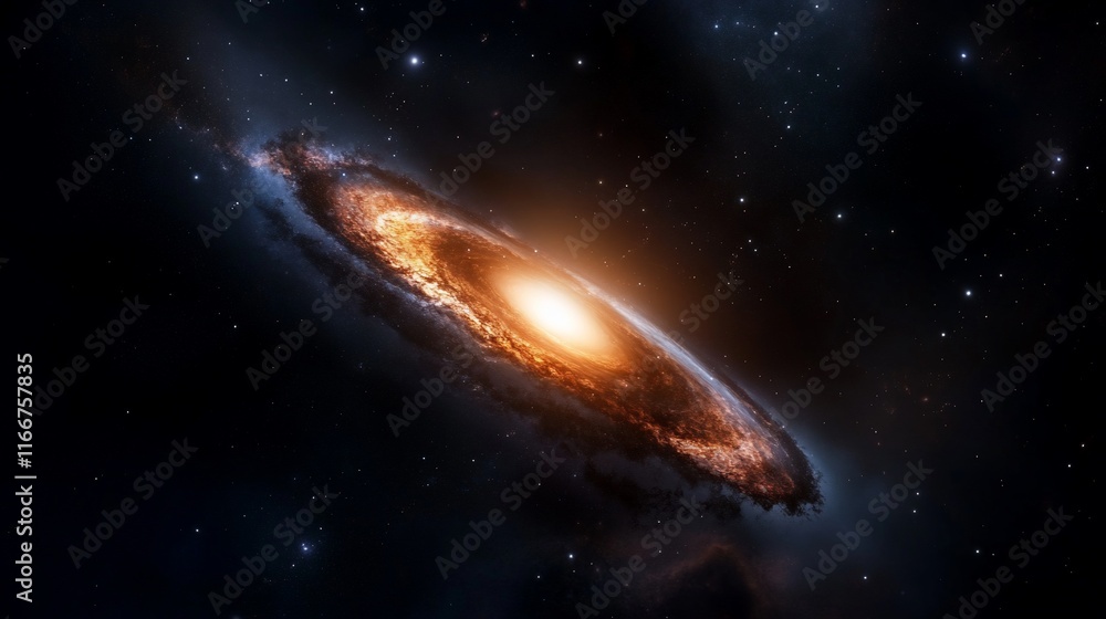 Fototapeta premium Spiral galaxy with bright core, cosmic dust, and stars.