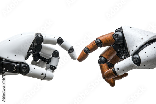 Interaction between robotic and wooden hands symbolizes the fusion of technology and humanity photo