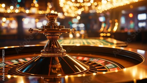 A roulette wheel in a casino with a blurred background of people playing slots and other games