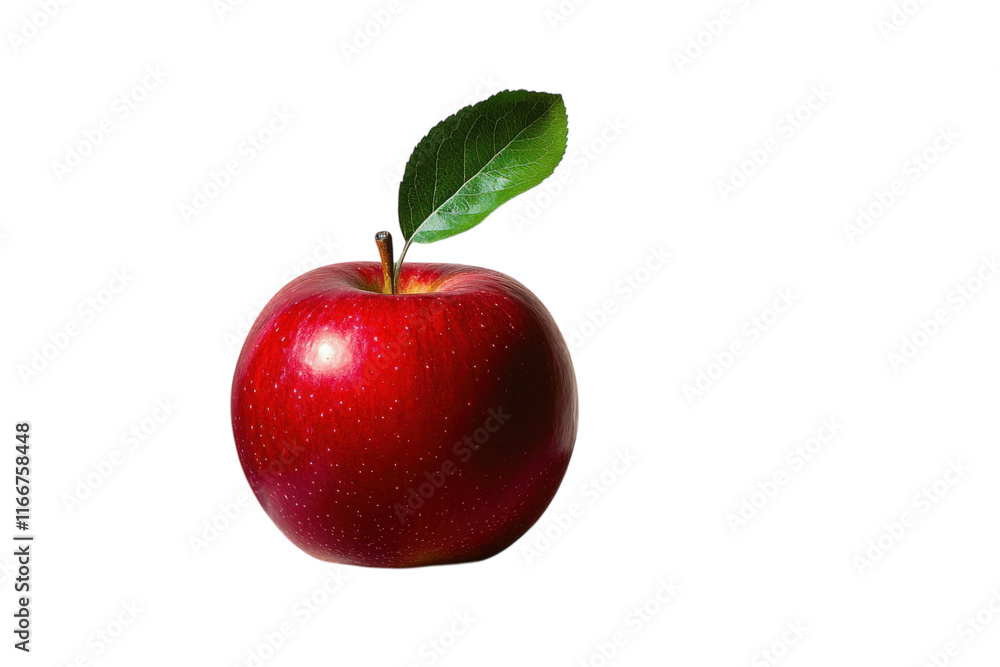 Bright red apple with a green leaf sitting on a plain background showcasing its vibrant color and freshness Bright red apple with a green leaf sitting on a plain background showcasing its vibrant color and freshness