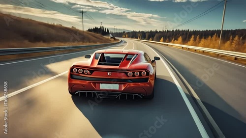 Sports car on the road surrounded by the bright colors of the autumn forest. photo