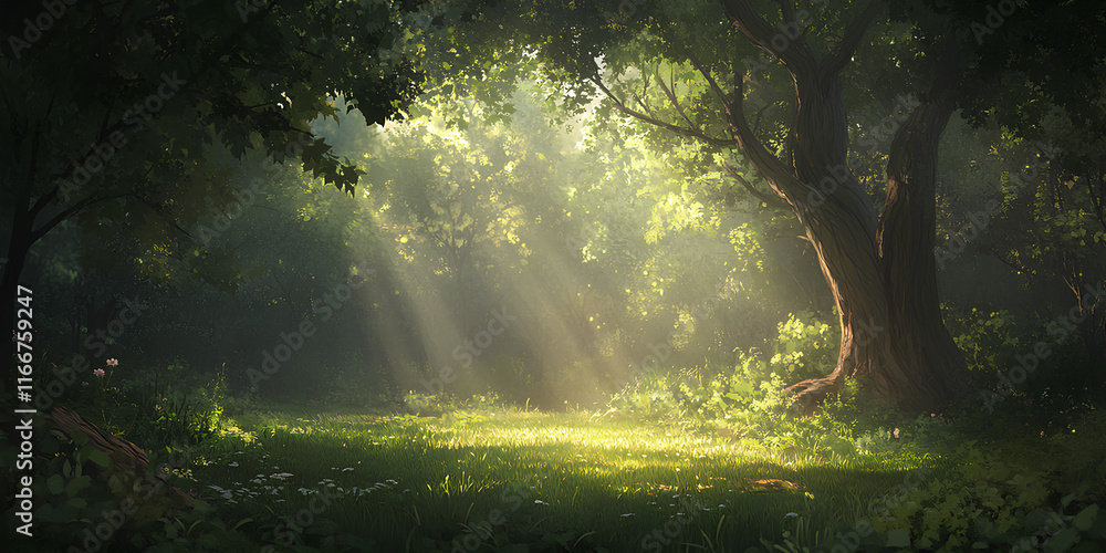 Sunlight streams through a dense forest, casting beautiful rays across the trees and creating a serene, peaceful atmosphere. Sunlight streams through a dense forest, casting beautiful rays across the trees and creating a serene, peaceful atmosphere.