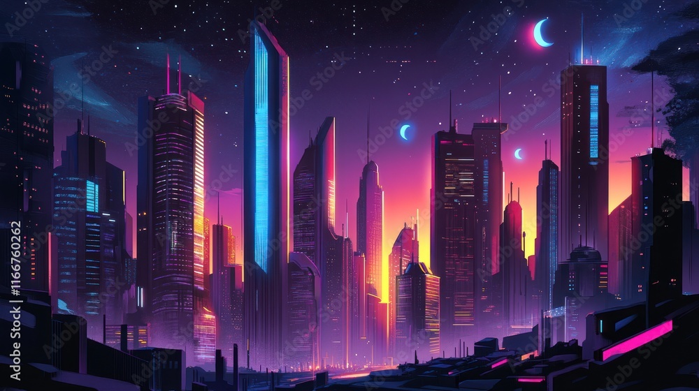 Fototapeta premium A vibrant, futuristic cityscape at dusk with neon colors and towering skyscrapers.