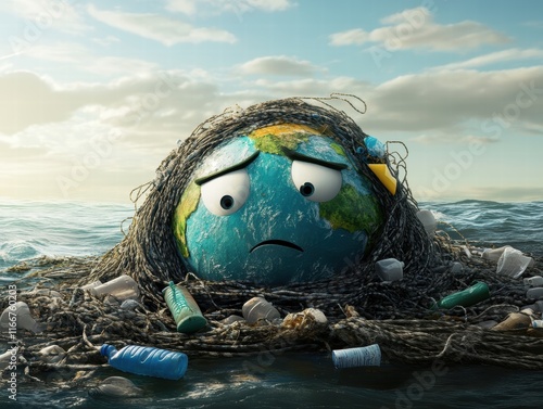 Global Warming Impact Earth Character Struggling Amidst Pollution Ocean Environmental Crisis Side View Conceptual Reflection