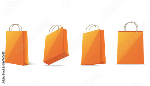 Several orange shopping bags in different perspectives.
