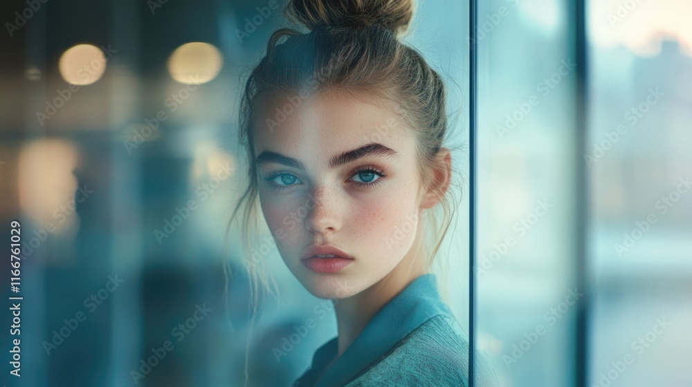 Young woman at glass wall Young woman at glass wall