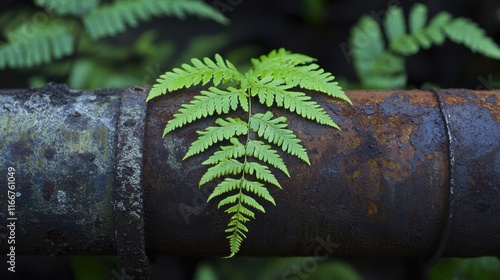 Resilience in adversity, Fern Growth Amid Rusted Pipe Urban Environment Nature Photography Global Warming Awareness photo