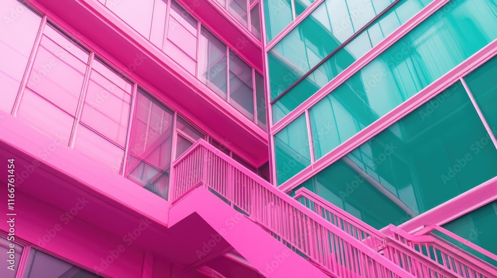 Fototapeta premium Pink and Green Building with Stairs and Windows