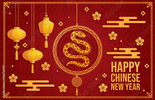Paper cut Chinese lunar new year banner with snake symbol. Vector Cny greeting card with golden reptile snake surrounded by traditional lanterns, plum blossoms and ornamental clouds on red background
