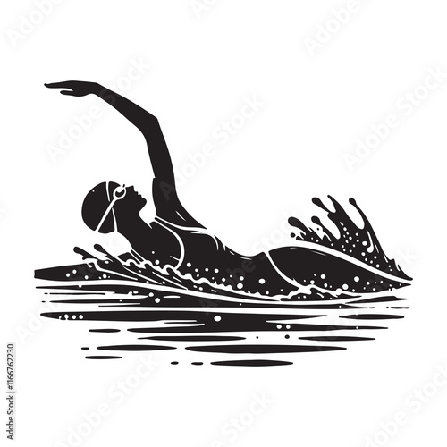 Swimming Silhouette Vector Illustration, Solid White Background.