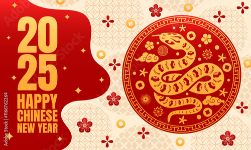 Happy Chinese lunar new year banner with golden snake and Asian flowers. Vector Cny 2025 greeting card with gold reptile snake inside red circular emblem, surrounded by floral motifs, clouds and coins