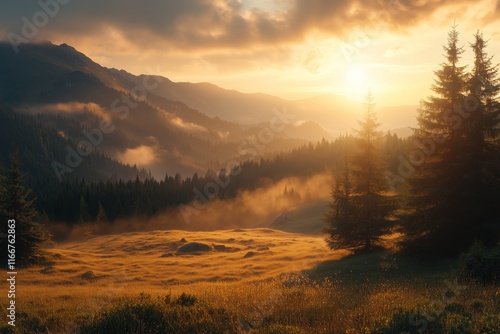 Golden sunrise casts light over mountain meadow with sunrays and shimmering bokeh photo