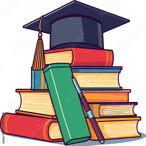 Education Concept with Books, Pen, and Student Hat Graduated Vector illustration