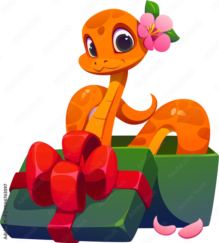 Obraz premium Chinese Lunar New Year funny cartoon snake character adorned with a flower sitting in the gift box with a red bow, surprise for the 2025 celebration. Vector cheerful and friendly reptile zodiac snake