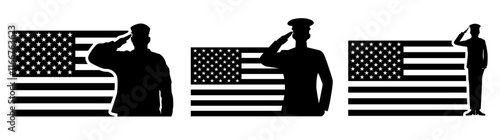 Military Salute with USA flage Vector Art icon set.
American Soldier Saluting Flag background