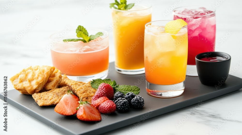 A tray of food and drinks with a variety of colors and flavors A tray of food and drinks with a variety of colors and flavors
