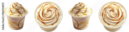 Four ice cream cups with swirls of caramel and whipped cream