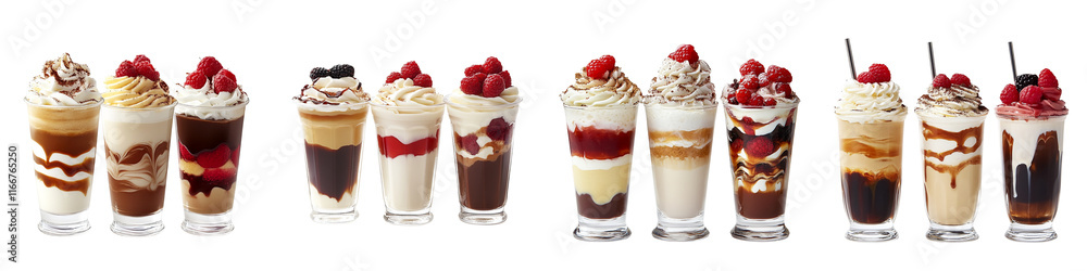A row of tall glasses filled with different types of desserts A row of tall glasses filled with different types of desserts
