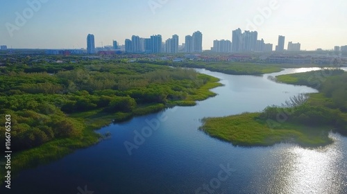 Coastal Aerial View of Urban Sprawl Under Bright Sun