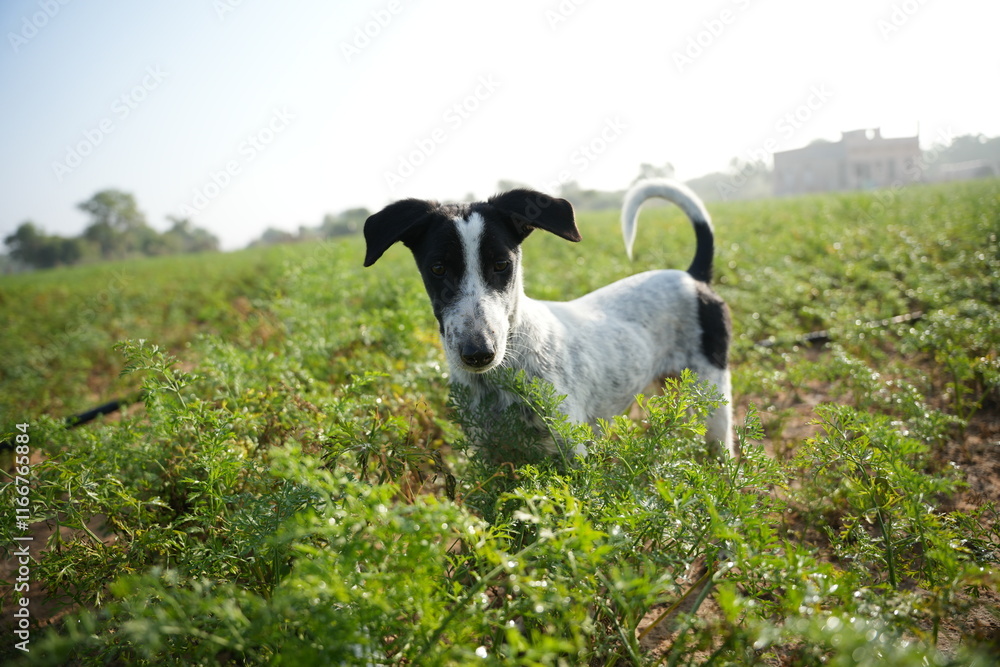 Dog playing in carrot farm in winter morning Dog playing in carrot farm in winter morning