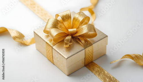 A golden gift box with a shiny ribbon placed on a white background, perfect for celebrations, holidays, birthdays, or festive occasions. photo