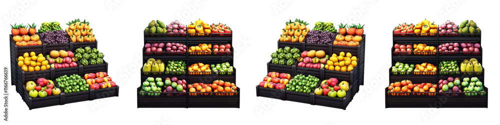 Four rows of fruit and vegetables are displayed in a store