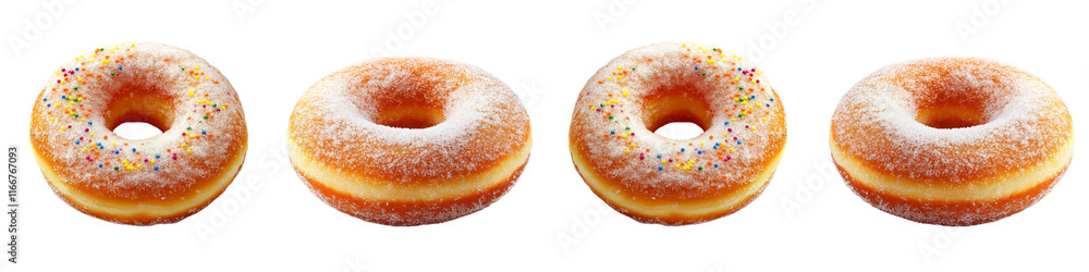 Four donuts with powdered sugar on top Four donuts with powdered sugar on top