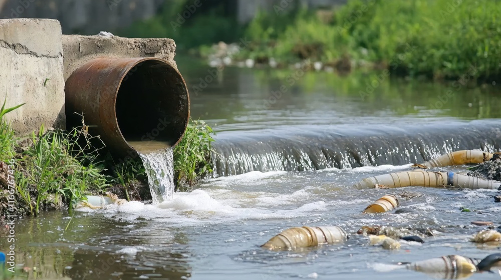 Pollution and Wastewater Discharge from Pipe into River with Debris and Plastic Bottles Pollution and Wastewater Discharge from Pipe into River with Debris and Plastic Bottles