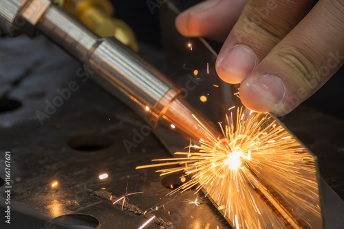 Close up scene the laser welding process by hand held laser welding machine. photo