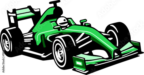 Front isometric view of a green formula 1 car vector icon isolated on a transparent background.
