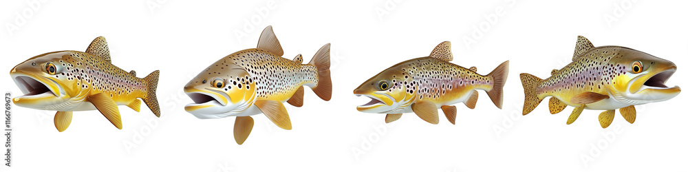 Naklejka premium Four fish are shown in a row, with the first fish having its mouth open