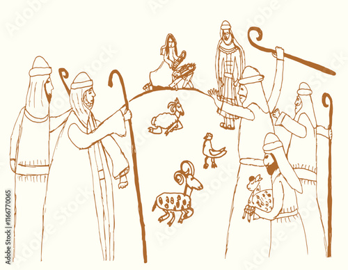 Vector drawing. Men greeting Mary in the barn