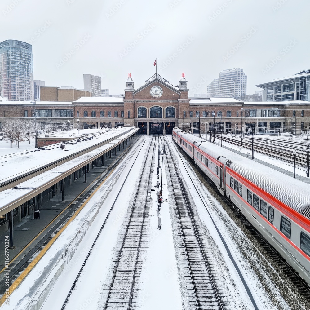 Naklejka premium DENVER, COLORADO - MARCH 13, 2019: Trains at Union Station in winter weather. The central portion of the station was completed in 1914.