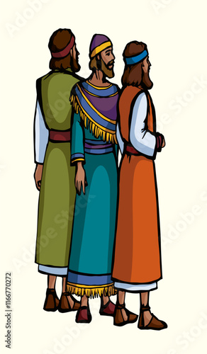 Vector drawing. People stand befor king