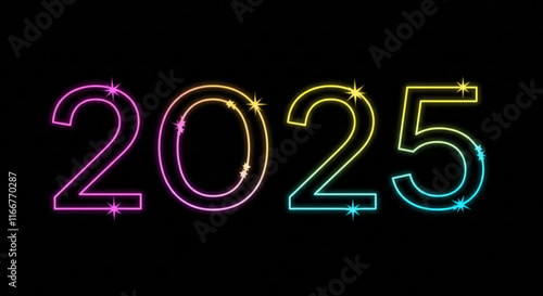 Vibrant new year 2025 celebration background: Festive, gradient, neon sign numeral design for marketing and celebration.