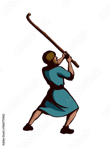 Vector drawing. Man with stick