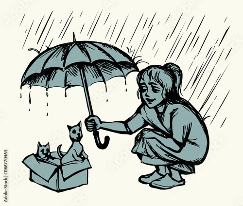 Vector Drawing. Girl Covering Cats From Rain