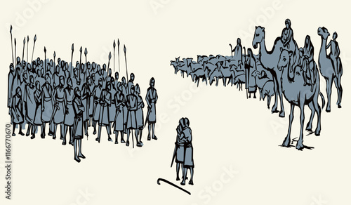 Vector drawing. Meeting of two tribes