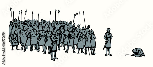 Vector drawing. Many strong soldiers