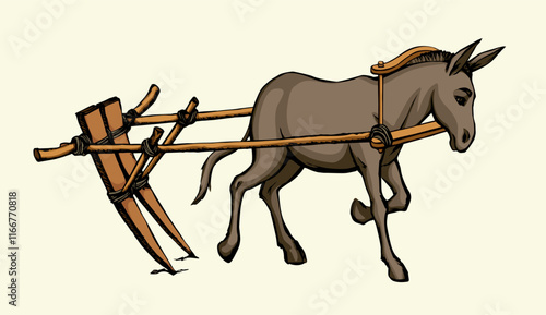 Vector drawing. Cute old mule