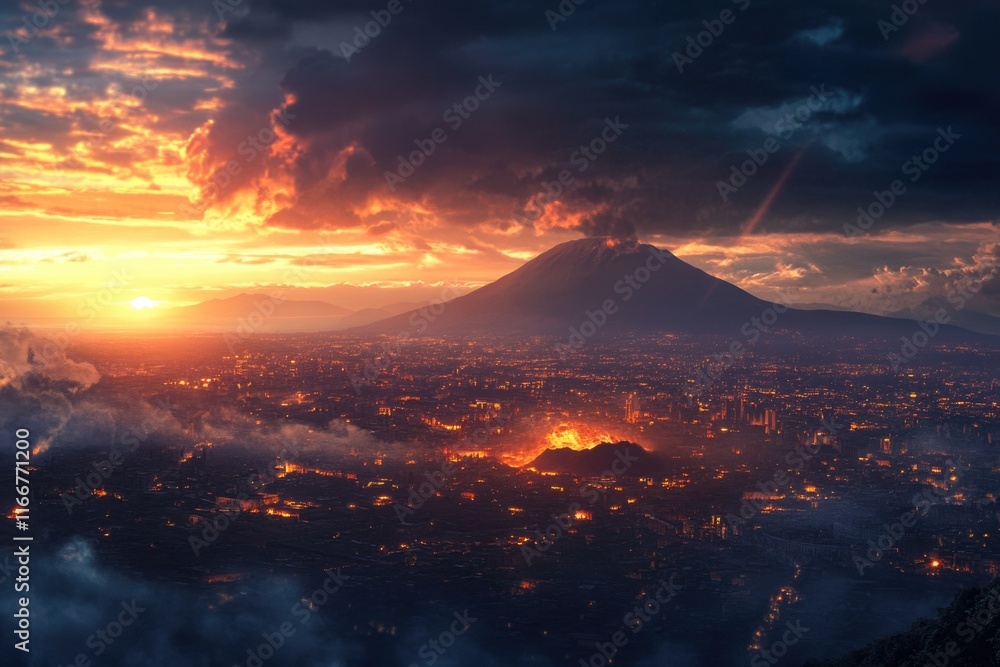 Cityscape with volcano